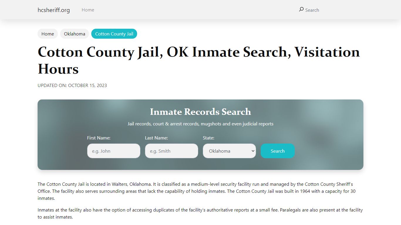 Cotton County Jail, OK Inmate Search, Visitation Hours